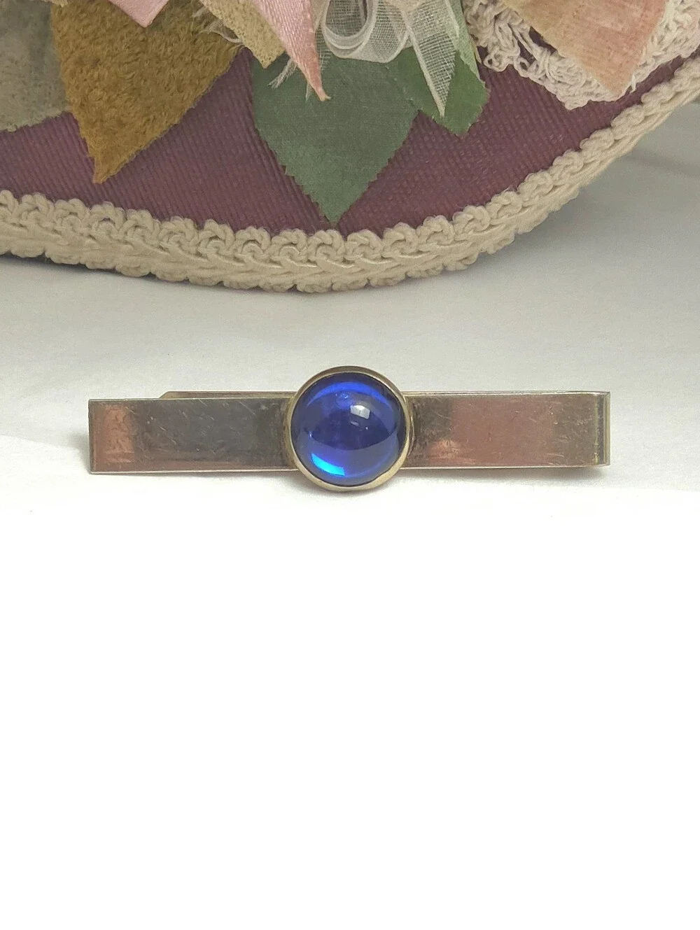 Vintage Gold Plated Cobalt Blue Glass Cabochon Tie Bar Clip or Money Clip